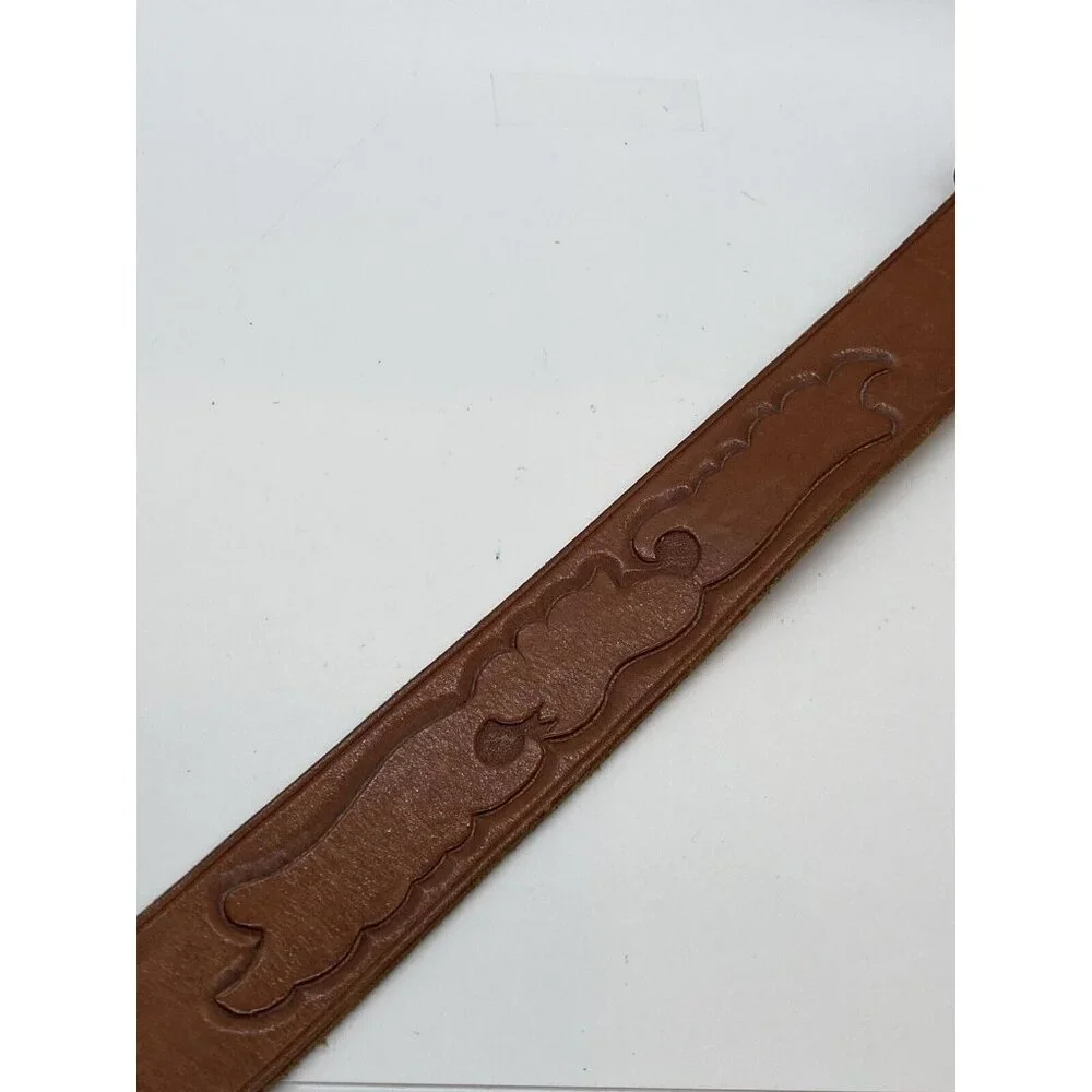 Brown Women's Embossed Belt Genuine Leather Size 26 Brass Buckle - Picture 11 of 16